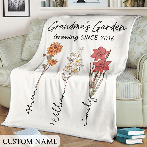 Mothers Day Gift for Grandma, Custom Grandma's Garden Blanket, Custom Birth Flower Blanket With Grandkids Names