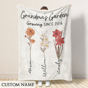 Mothers Day Gift for Grandma, Custom Grandma's Garden Blanket, Custom Birth Flower Blanket With Grandkids Names