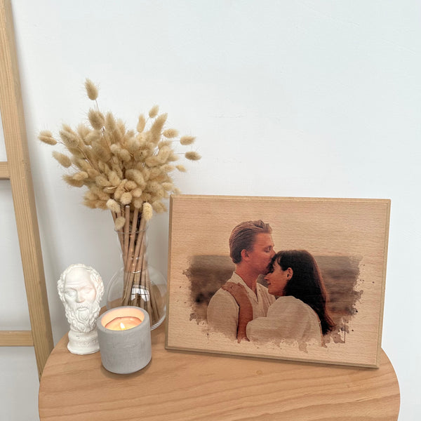 Custom Photo on Wood, Engraved Photo on Wood with Watercolor Style, Custom Wall Art