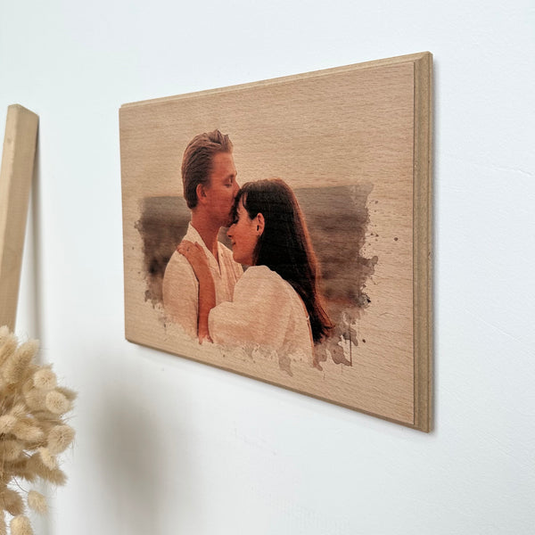 Custom Photo on Wood, Engraved Photo on Wood with Watercolor Style, Custom Wall Art