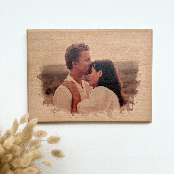 Custom Photo on Wood, Engraved Photo on Wood with Watercolor Style, Custom Wall Art