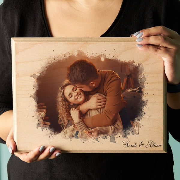 Custom Photo on Wood, Engraved Photo on Wood with Watercolor Style, Custom Wall Art