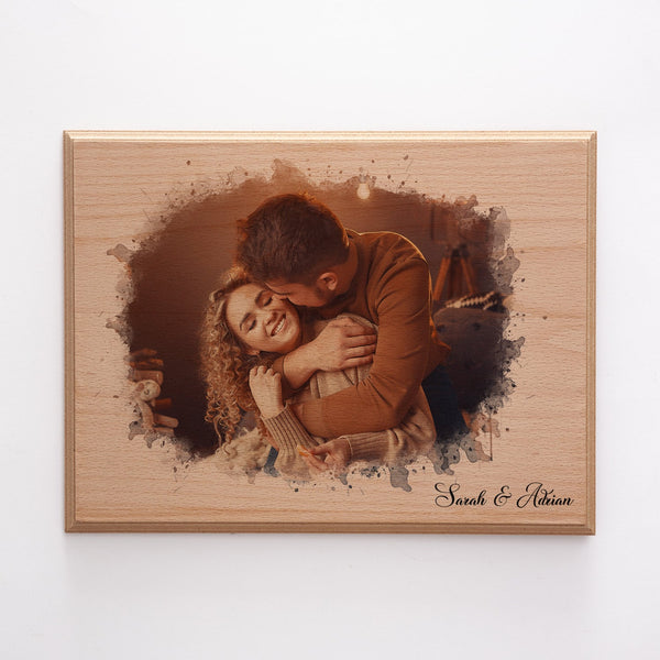 Custom Photo on Wood, Engraved Photo on Wood with Watercolor Style, Custom Wall Art