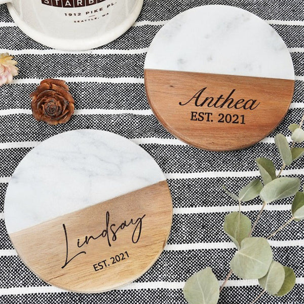 Custom Engraved Marble Wood Coasters | Personalized Gifts Coaster Set New Home Gift