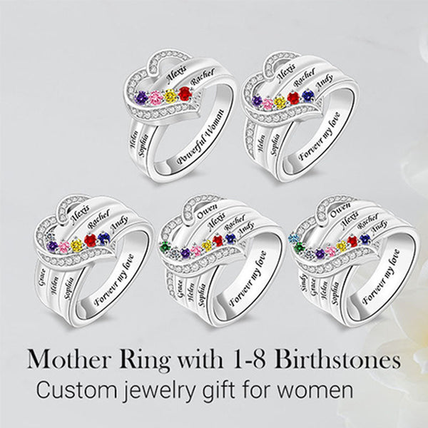 Engraved Heart Birthstone Ring Birthstone Ring with Kids' Names Customized 1-8 Names Ring