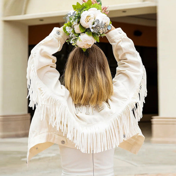 White Custom Bridal Jacket with Fringes, Wedding Customized Denim jacket, Pearls Jacket with fringes, Mrs. Denim Custom Jacket-fringes pearl