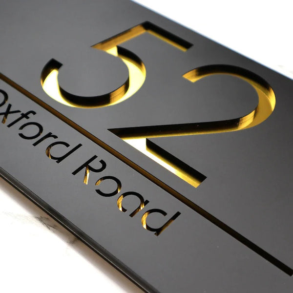 Laser Cut Matt Black & Silver Mirror Floating House Number Sign Door Address Laser Numbers