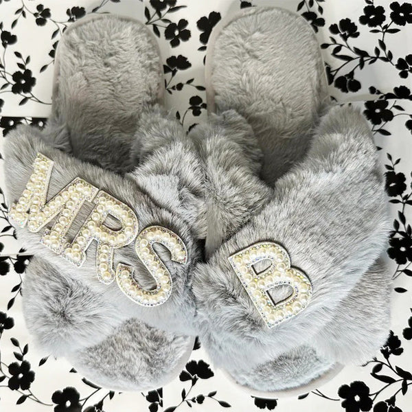 Faux Fur Bridal Slippers| I Do Slippers|Customized Slippers|Pearl Rhinestone Slippers