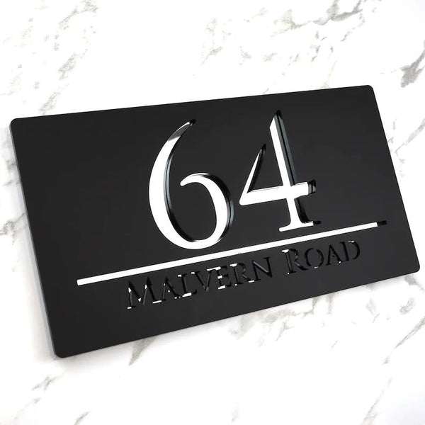 Laser Cut Matt White & Black Mirror Floating House Number Signs Door Address