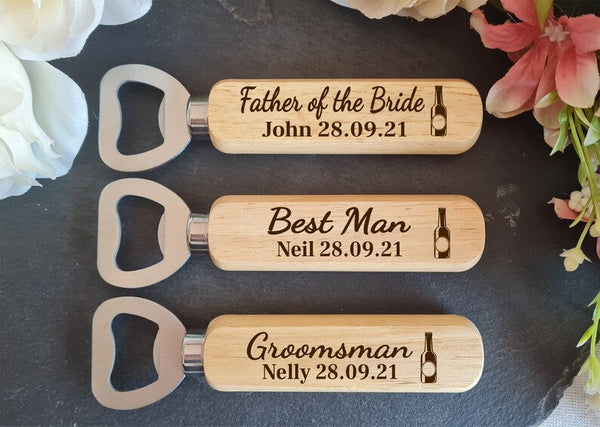 Personalised Wooden Bottle Opener Gift, Engraved Wedding Gift for Best man, Father of the Bride, Usher Groomsman