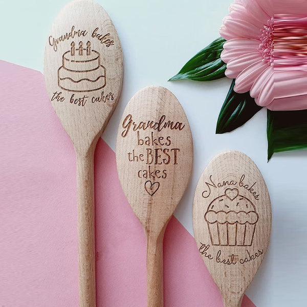 Grandma, Nana, Nanny, Granny, Gran, Mum, Dad, Bakes the best cakes Personalised Wooden Spoons, Cake Baking, Birthday Gift, Present Cooking