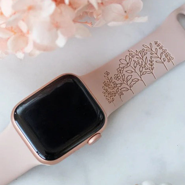 Wildflowers Floral Engraved Watch Strap Compatible with Apple Watch, Floral Watch Band