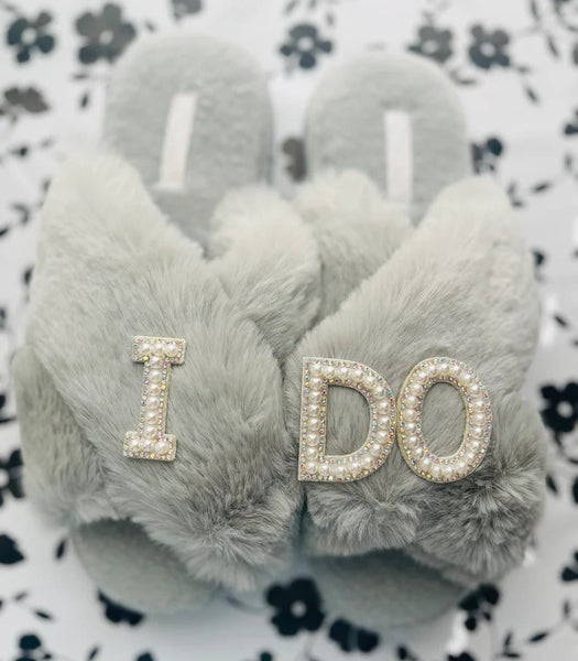 Faux Fur Bridal Slippers| I Do Slippers|Customized Slippers|Pearl Rhinestone Slippers