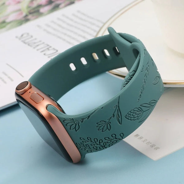 Floral Engraved Band for Apple Watch Bands 38mm 42mm Women, Silicone Dandelion Flower Pattern Bracelet for iWatch