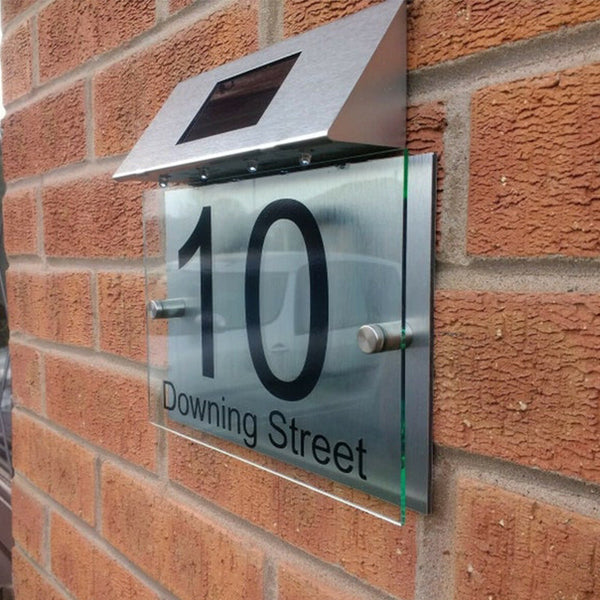 Modern House Sign plaque door number street glass led solar light