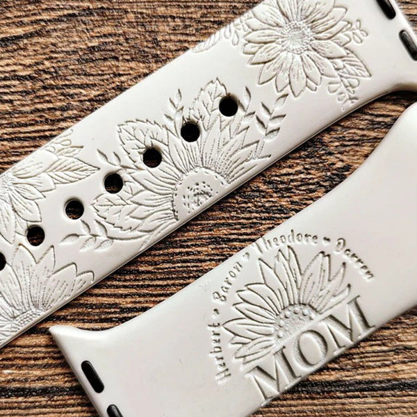 Half Sunflower Personalized Mom Silicone Engraved Watch Band,Personalized with name apple watch band women,Gift for Mom