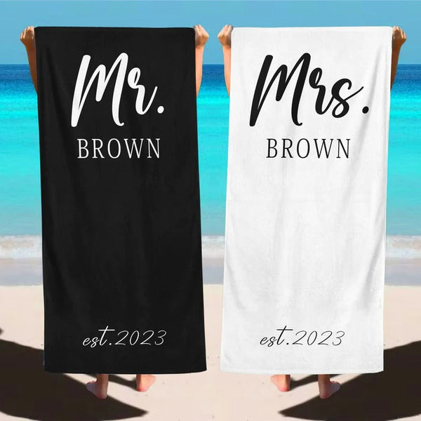 Custom Mr & Mrs Beach Towel,Honeymoon Travel,Personalized Bride Groom Beach Towel