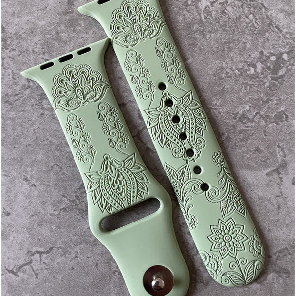 Apple Watch Silicone Sports Band  Strap - Custom Engraved Mehndi Henna Flowers Print