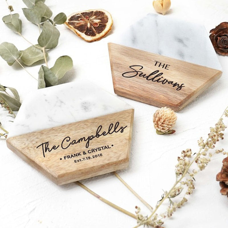 Custom Engraved Marble Wood Coasters | Personalized Gifts Coaster Set New Home Gift