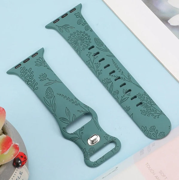 Floral Engraved Band for Apple Watch Bands 38mm 42mm Women, Silicone Dandelion Flower Pattern Bracelet for iWatch