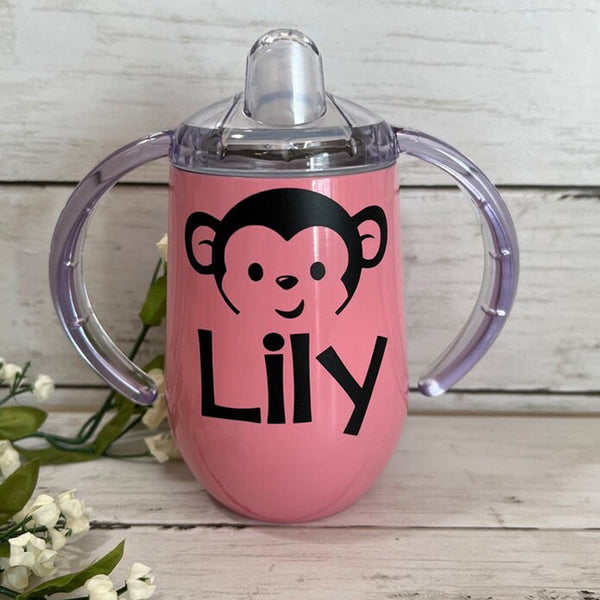 Monkey Sippy Cup Personalized with Name Animal Stainless Steel Toddler Cup Birthday Gift  Training Cup