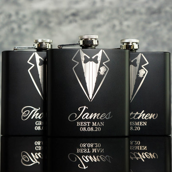 Tuxedo Groomsmen Best Man Usher Groom Gift Personalised Matte Black 8oz Hip Flask