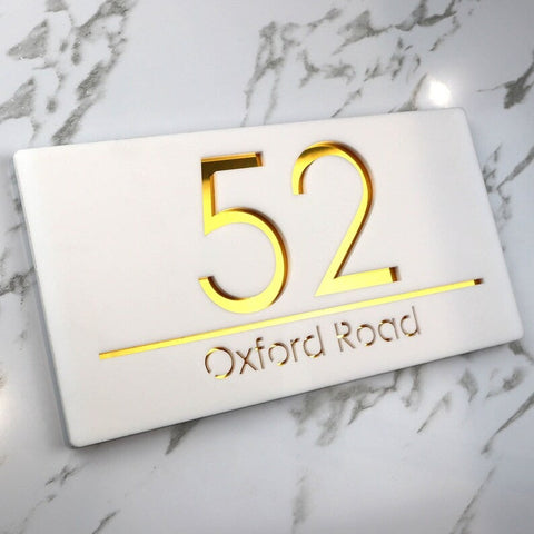 Laser Cut Matt White & Gold Mirror Personalised Door Numbers House Sign Plaques Number Laser Cut 3d Number