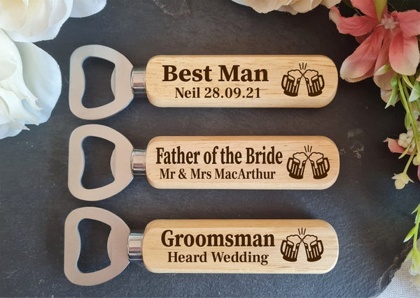 Personalised Wooden Bottle Opener Gift, Engraved Wedding Gift for Best man, Father of the Bride, Usher Groomsman