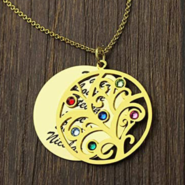 Personalized Necklace Tree of Life and Birthstone - Round Name Necklace Plate with Engraved 6 Stones Best Gift for Mother Grandma