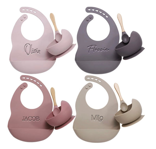 Personalised Engraved Silicone Bib, Suction Bowl, Spoon Feeding Set, Eco Friendly, Gift, New Baby