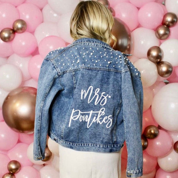 Custom Bridal Jacket, Custom Pearl Denim Jacket Future Mrs, Wedding jackets, Wifey jacket