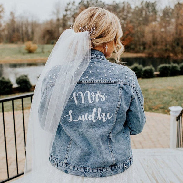 Custom Bridal Jacket, Custom Pearl Denim Jacket Future Mrs, Wedding jackets, Wifey jacket