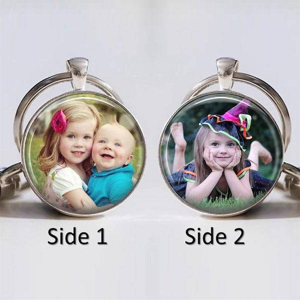 Photo Keychain Custom Children Dog Pet Photo Keyring - Double Sided Photo Keychain Silver or Bronze -gift for Dad grandpa