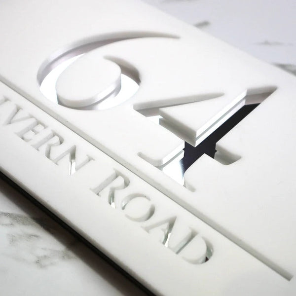 Laser Cut Matt White & Silver Mirror Floating House Signs Door Address Laser Numbers Plaque