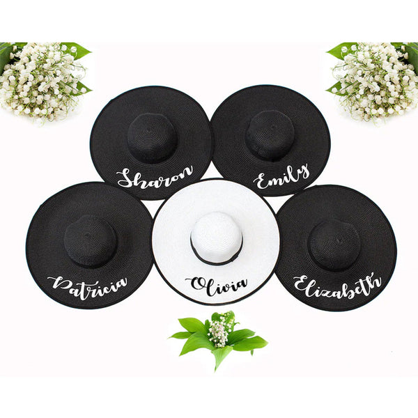 Bachelorette Hats With Black Borders, Bridesmaids Sun Hats with names, Bachelorette Beach Hats