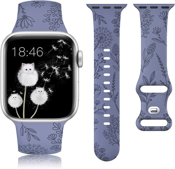 Floral Engraved Band for Apple Watch Bands 38mm 42mm Women, Silicone Dandelion Flower Pattern Bracelet for iWatch