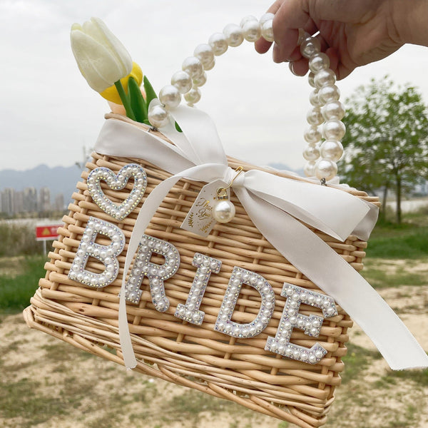 Bride Custom Beach Bag with Pearls and Bow, Personalized Straw Bag, Bridal Shower Bag