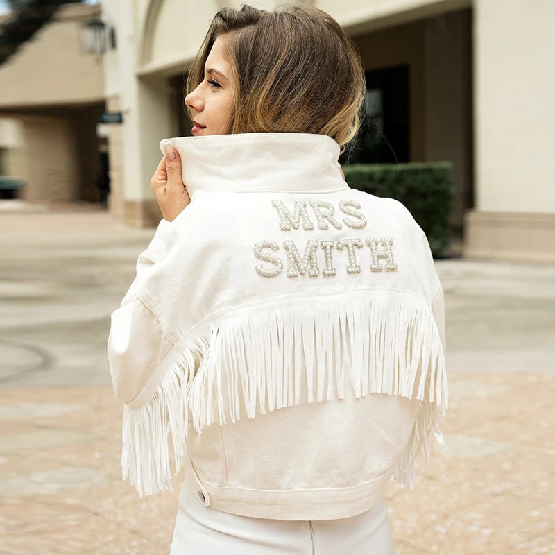 White Custom Bridal Jacket with Fringes, Wedding Customized Denim jacket, Pearls Jacket with fringes, Mrs. Denim Custom Jacket-fringes pearl