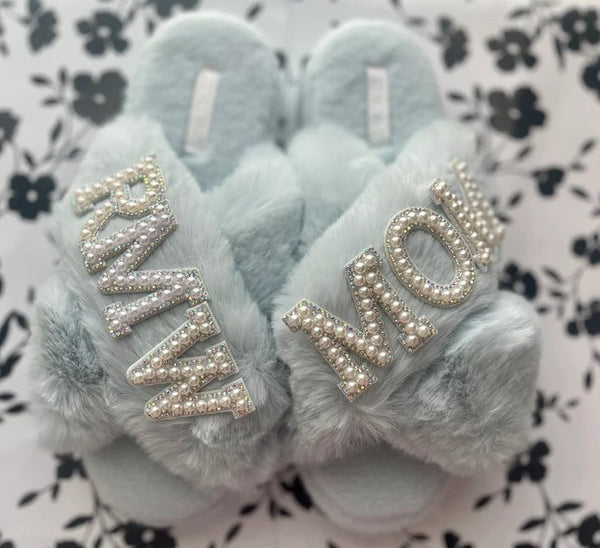 Faux Fur Bridal Slippers| I Do Slippers|Customized Slippers|Pearl Rhinestone Slippers