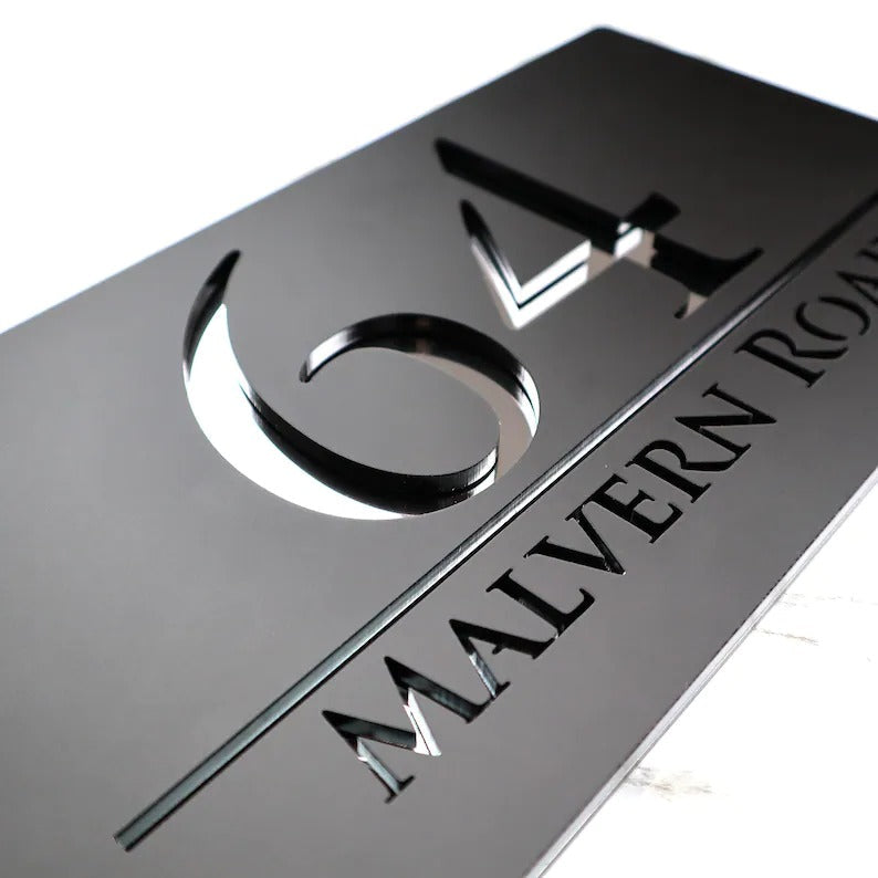 Laser Cut Matt Black & Silver Mirror Floating House Number Sign Door Address Laser Numbers