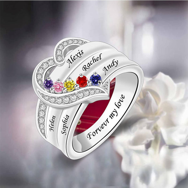 Engraved Heart Birthstone Ring Birthstone Ring with Kids' Names Customized 1-8 Names Ring