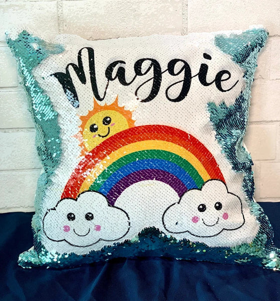 Rainbow Clouds & Sunshine "Mermaid" Pillow- Sequin Flip Pillow