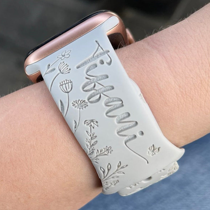 Wildflowers + name Engraved Watch Band, Personalized Apple watch band  for Apple, Samsung