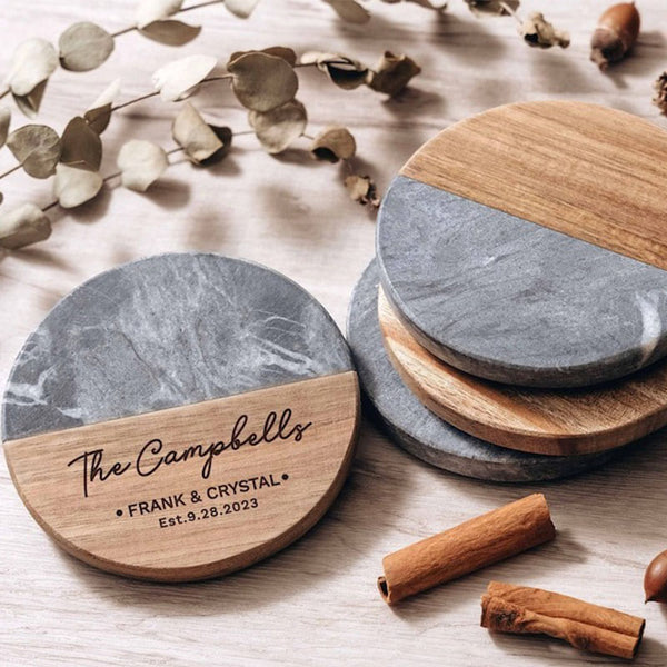 Custom Engraved Marble Wood Coasters | Personalized Gifts Coaster Set New Home Gift