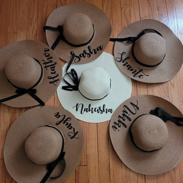 Custom Floppy Hats with black ribbons, Bridesmaids Sun Hats,hats with names, Bachelorette hats