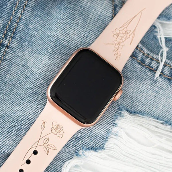 Birth Flower Gift For Her, Custom Women's Watch Band, Personalized Engraved Watch Strap Compatible with Apple Watch