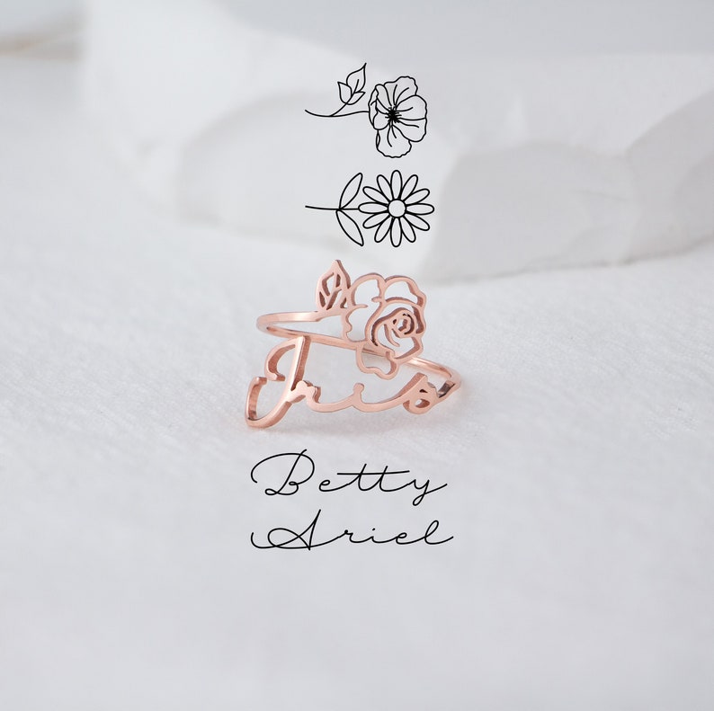 Birth Flower Name Ring in Gold / Silver / Rose Gold, Dainty Handmade Personalized Custom Ring