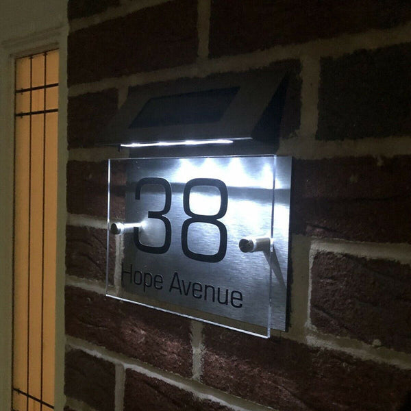 Modern House Sign plaque door number street glass led solar light