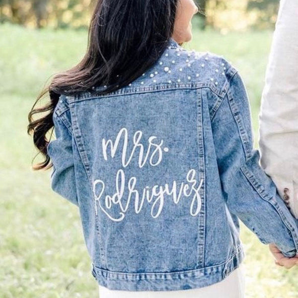 Custom Bridal Jacket, Custom Pearl Denim Jacket Future Mrs, Wedding jackets, Wifey jacket