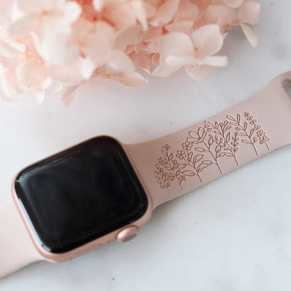 Wildflowers Floral Engraved Watch Strap Compatible with Apple Watch, Floral Watch Band